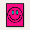 Pembe Zeminli Gülümseme Suratı Pop-Art Poster — Dikey baskı, düz siyah çerçeveli duvar posteri