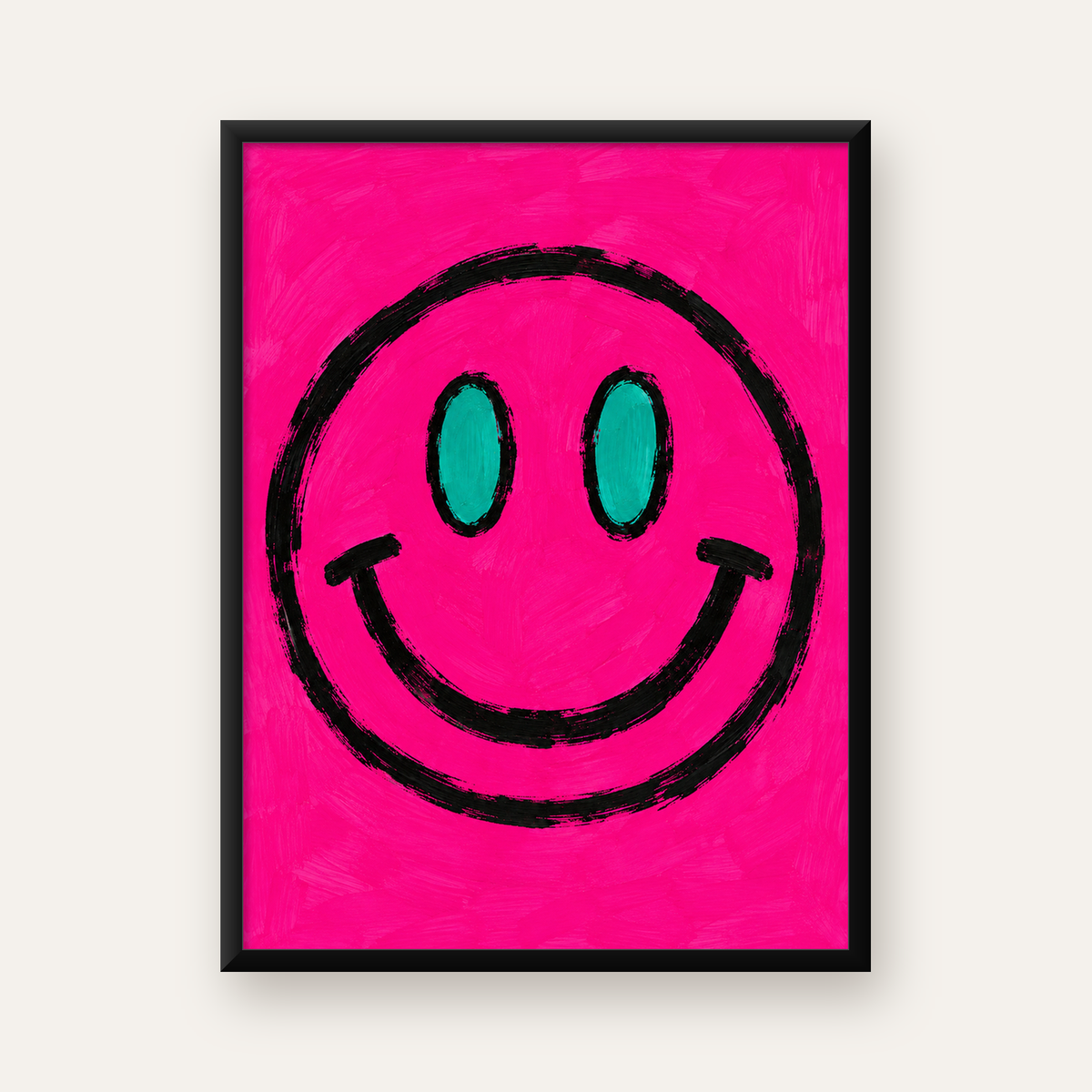 Pembe Zeminli Gülümseme Suratı Pop-Art Poster — Dikey baskı, düz siyah çerçeveli duvar posteri