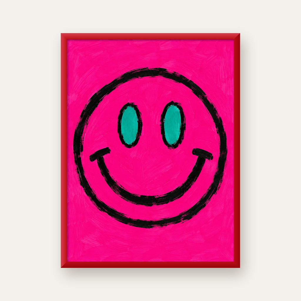 Pembe Zeminli Modern Gülümseyen Yüz Poster — kırmızı çerçeveli