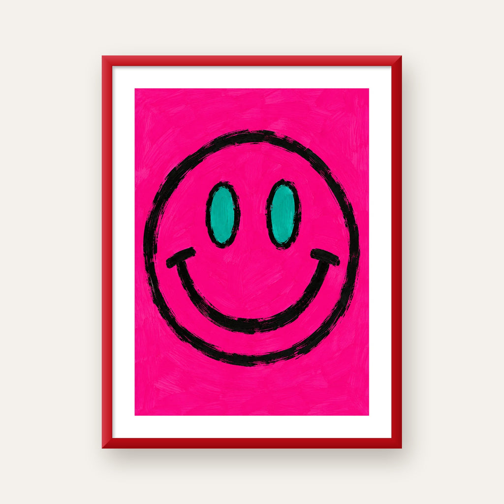 Pembe Zeminli Modern Gülümseyen Yüz Poster — kırmızı çerçeveli paspartulu