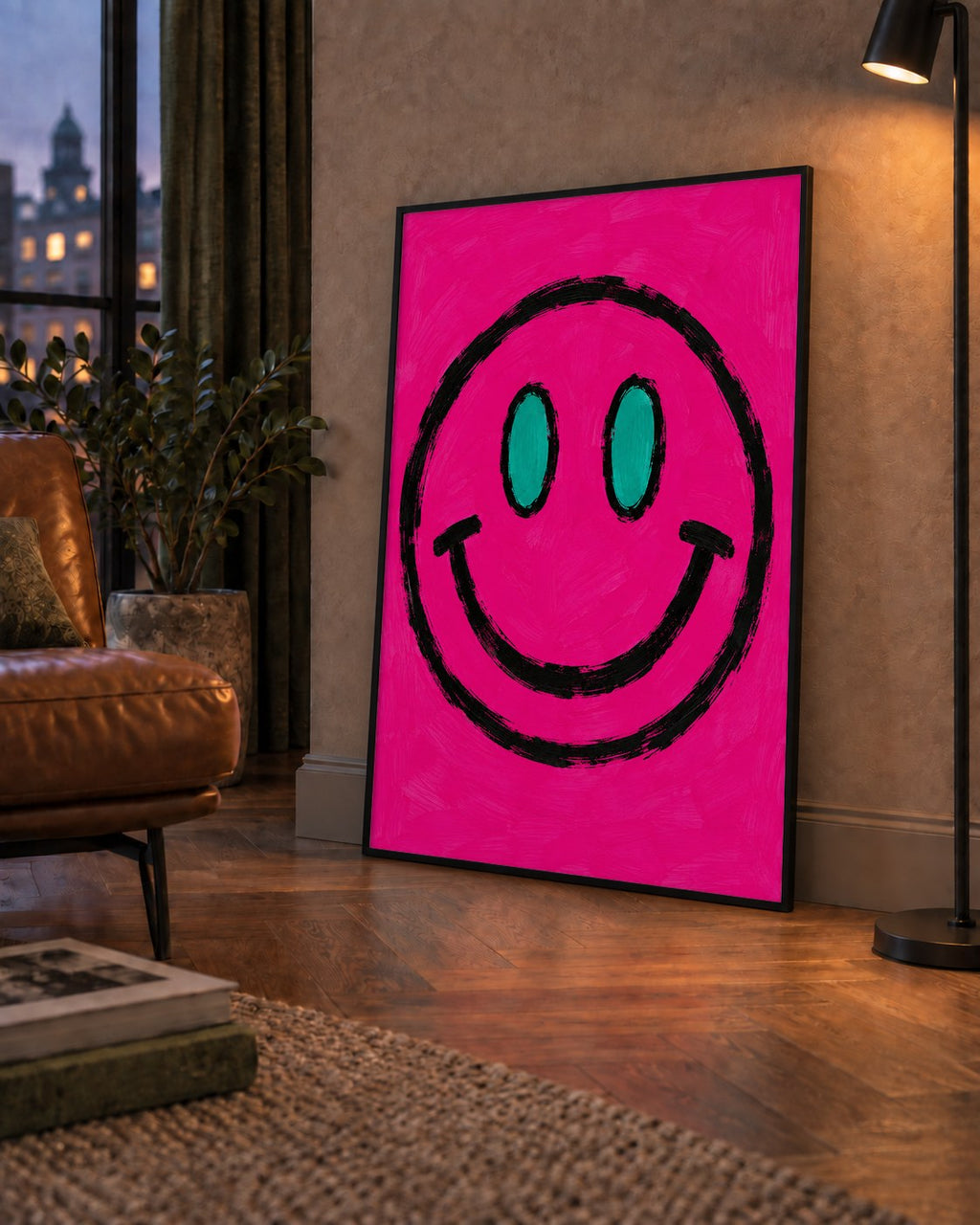 Pembe Zeminli Modern Gülümseyen Yüz Poster — çerçeveli hâliyle bir ev duvarında
