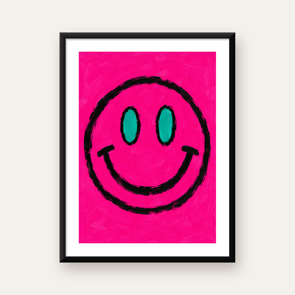 Pembe Zeminli Gülümseme Suratı Pop-Art Poster — Dikey baskı, beyaz kenar boşluklu