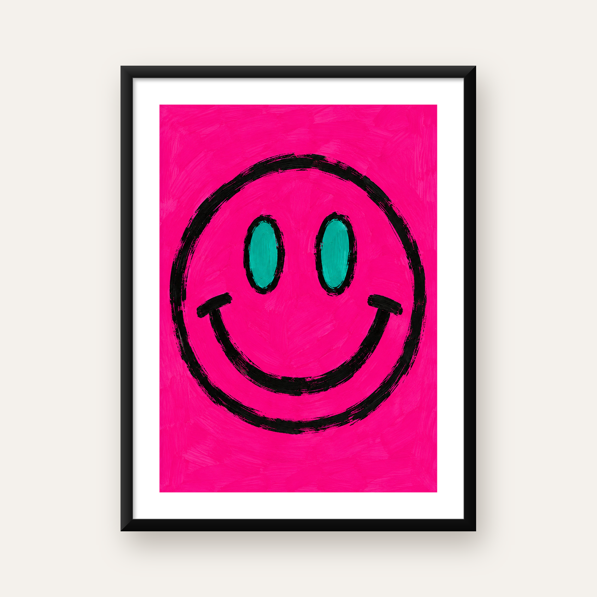Pembe Zeminli Gülümseme Suratı Pop-Art Poster — Dikey baskı, beyaz kenar boşluklu