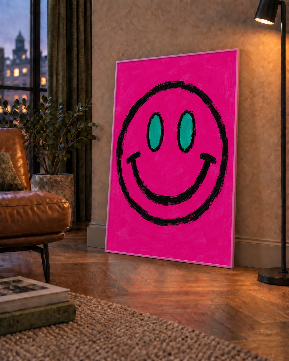 Pembe Zeminli Modern Gülümseyen Yüz Poster — çerçeveli hâliyle bir ev duvarında