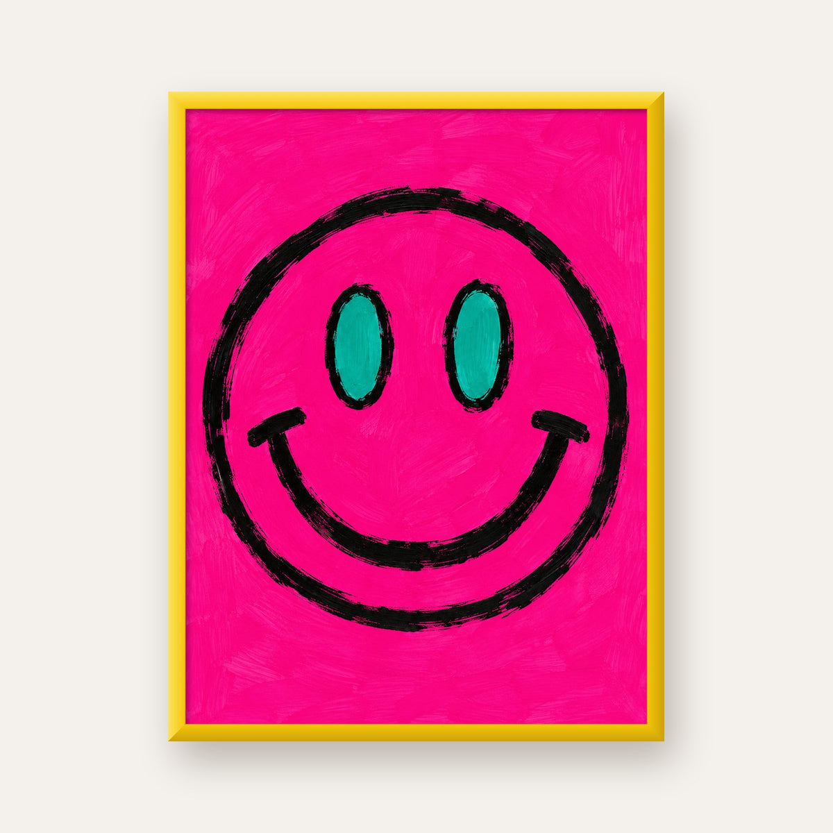 Pembe Zeminli Modern Gülümseyen Yüz Poster — sarı çerçeveli