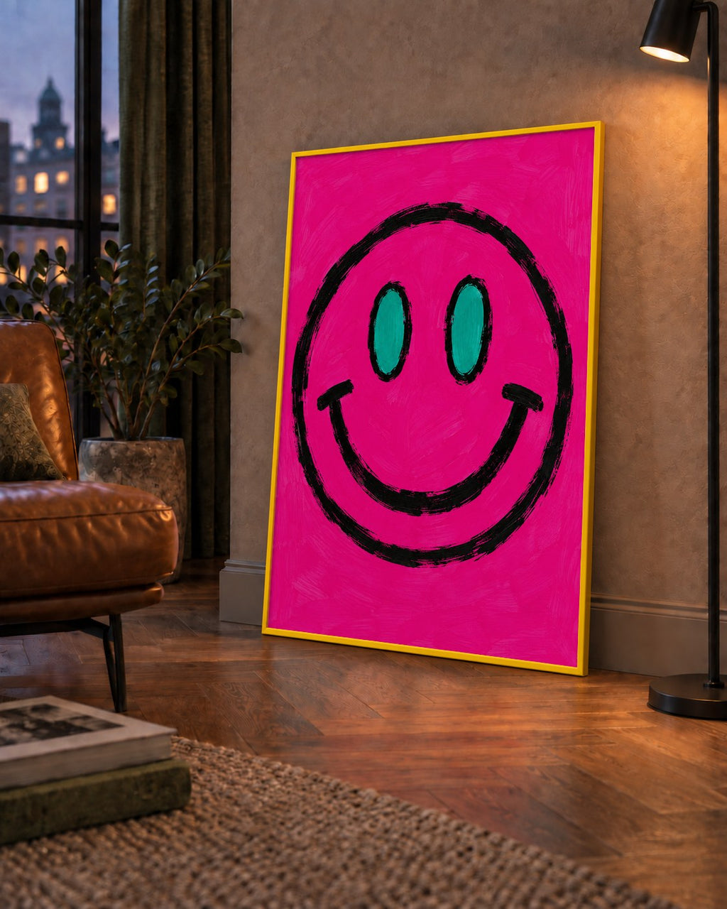 Pembe Zeminli Modern Gülümseyen Yüz Poster — çerçeveli hâliyle bir ev duvarında