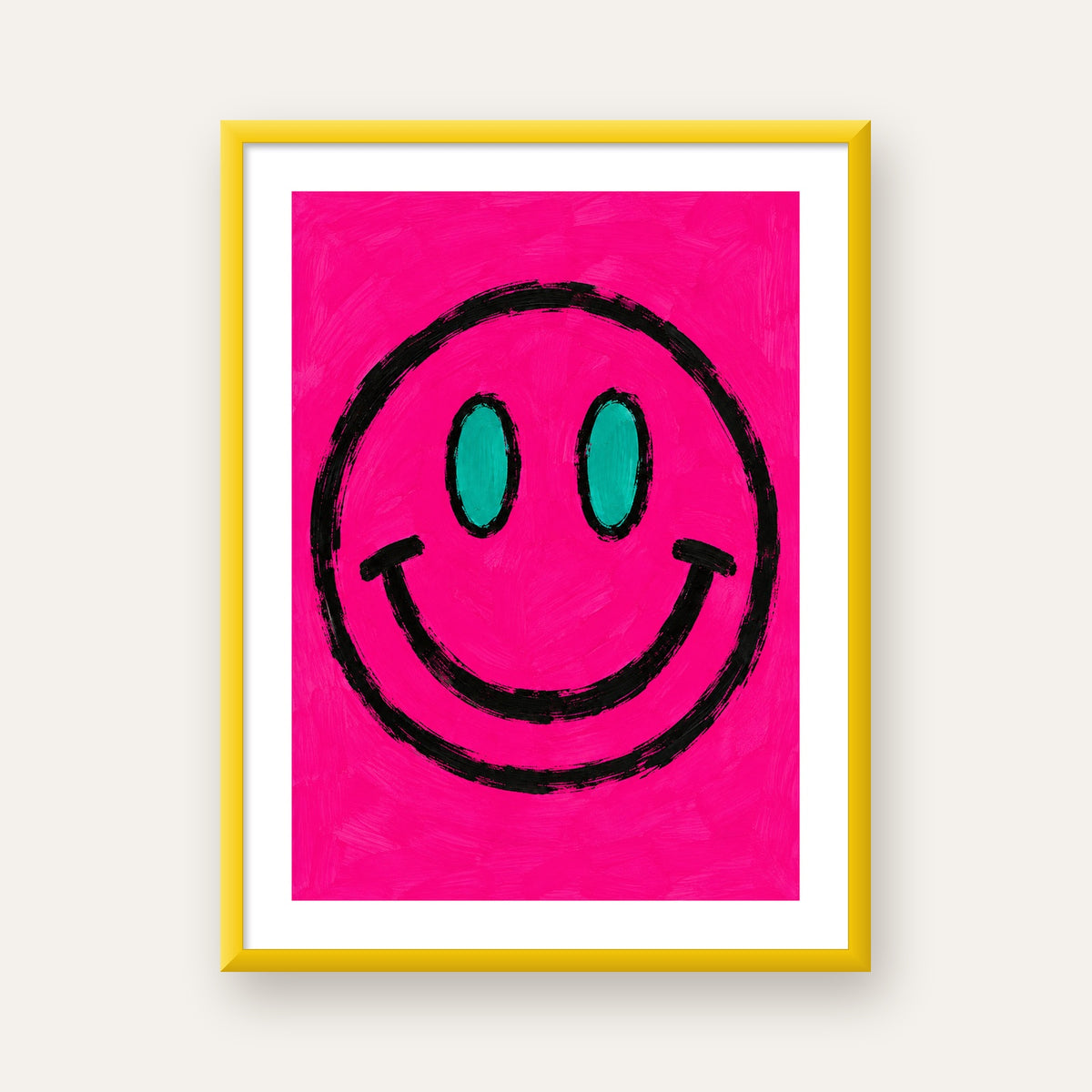 Pembe Zeminli Modern Gülümseyen Yüz Poster — sarı çerçeveli paspartulu
