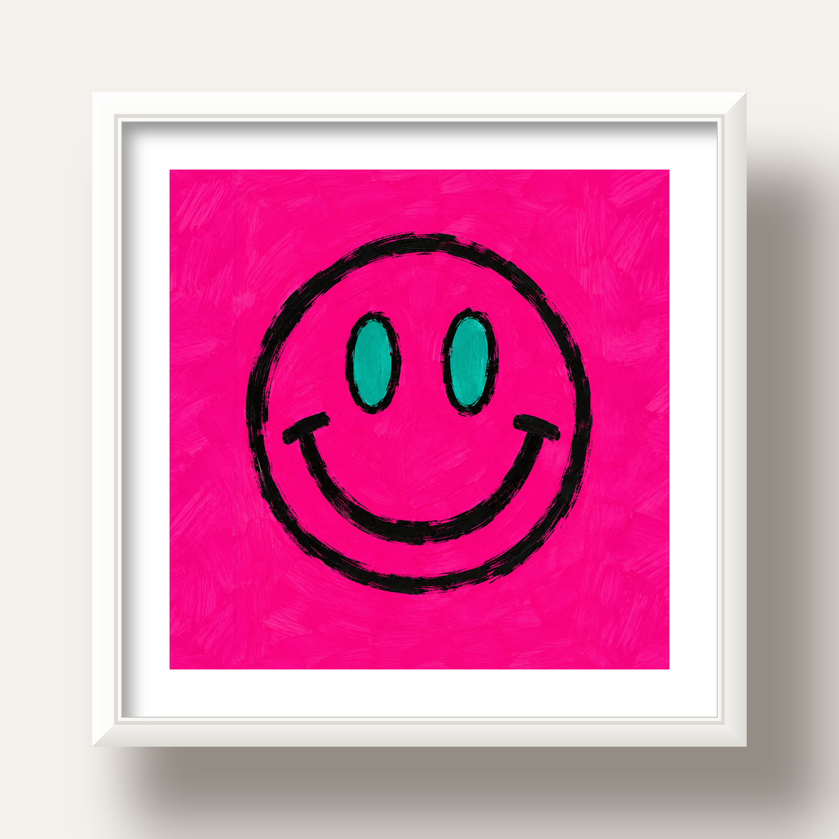 Pembe Zeminli Modern Gülümseyen Yüz Poster — beyaz derin çerçeveli paspartulu