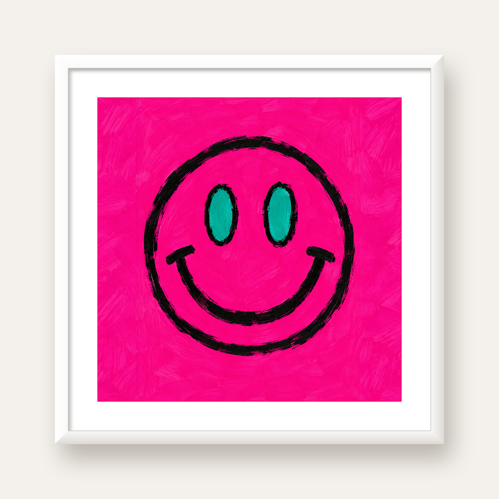 Pembe Zeminli Modern Gülümseyen Yüz Poster — beyaz çerçeveli kare poster