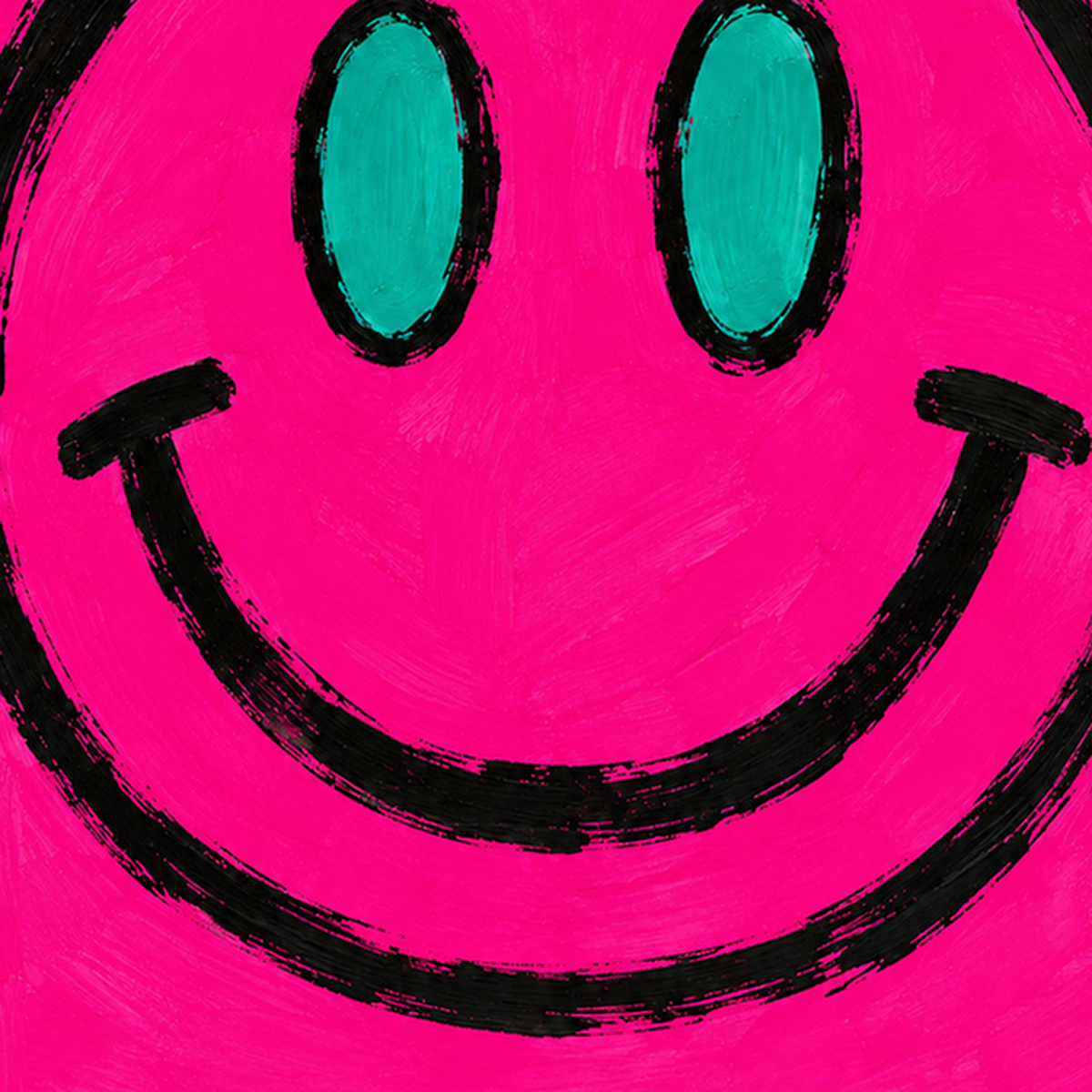 Pembe Zeminli Gülümseme Suratı Pop-Art Poster — baskının yakın çekimi, kâğıt dokusu ve renk detayı