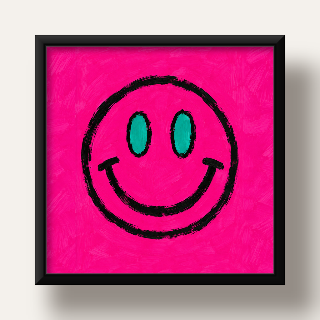 Pembe Zeminli Modern Gülümseyen Yüz Poster — siyah derin çerçeveli