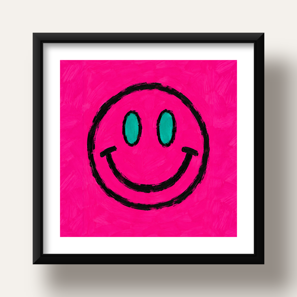 Pembe Zeminli Modern Gülümseyen Yüz Poster — siyah derin çerçeveli paspartulu