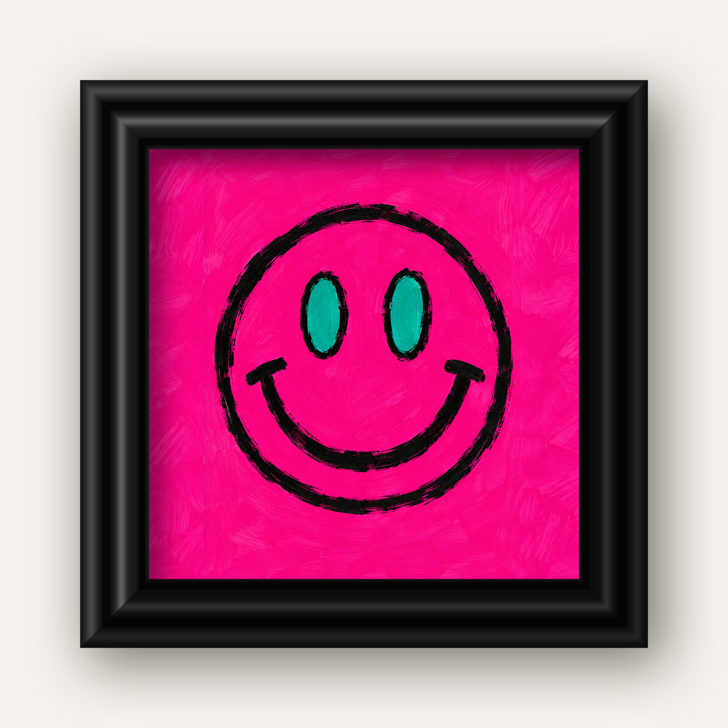 Pembe Zeminli Modern Gülümseyen Yüz Poster — siyah galeri çerçeveli