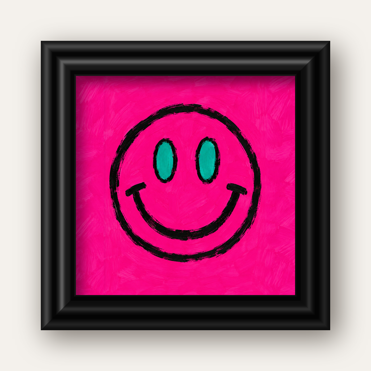 Pembe Zeminli Modern Gülümseyen Yüz Poster — siyah galeri çerçeveli