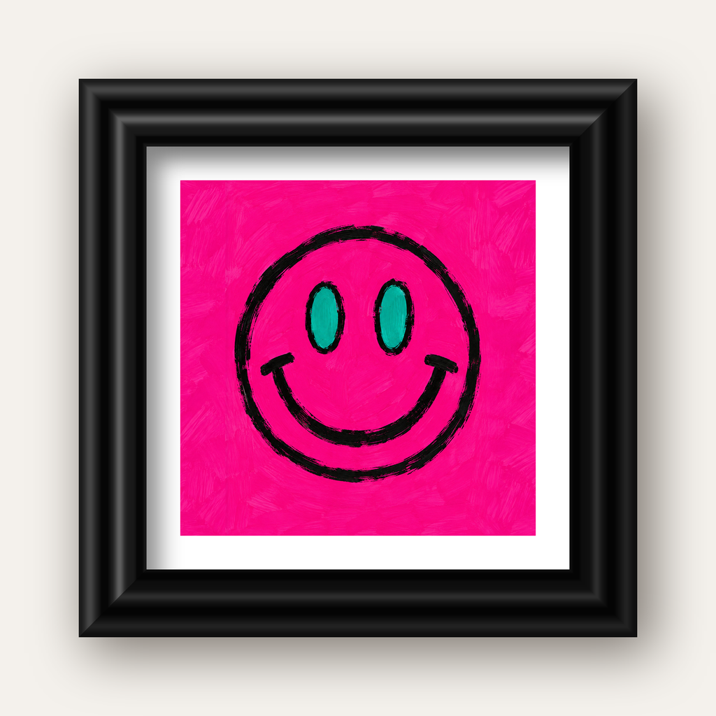 Pembe Zeminli Modern Gülümseyen Yüz Poster — siyah galeri çerçeveli paspartulu