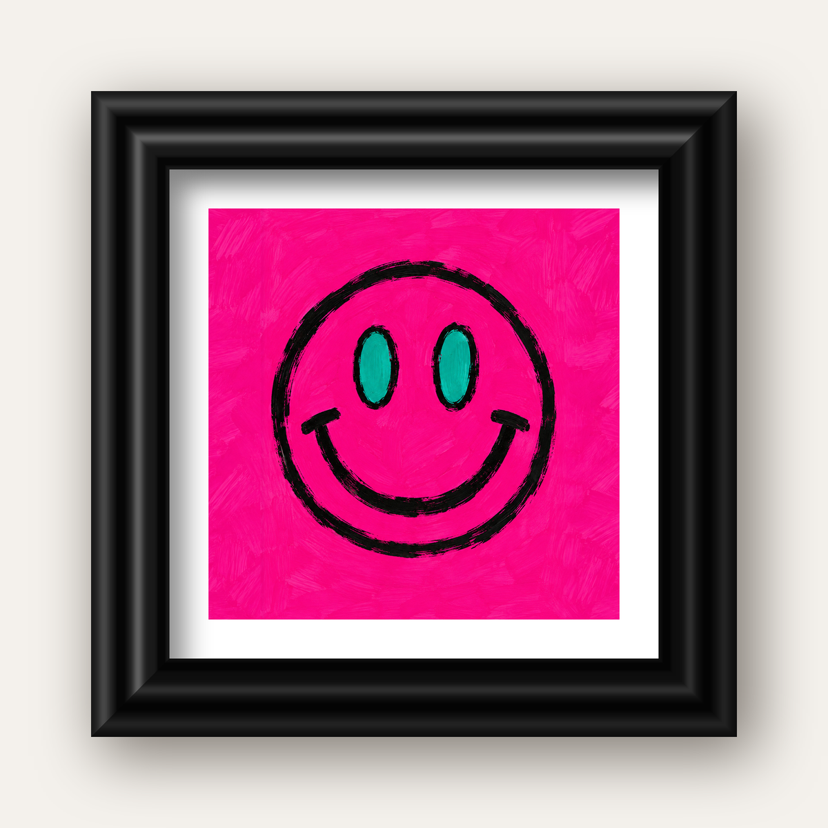 Pembe Zeminli Modern Gülümseyen Yüz Poster — siyah galeri çerçeveli paspartulu