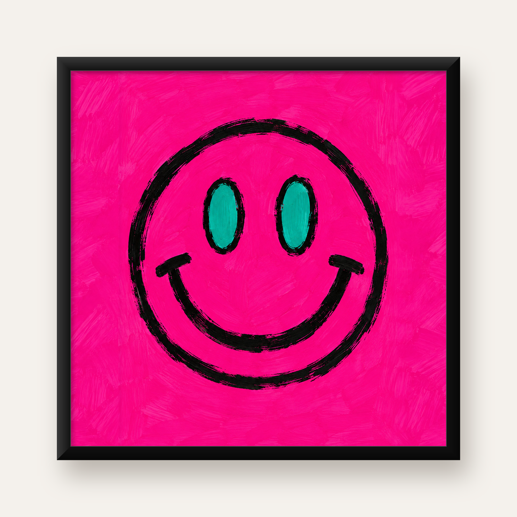Pembe Zeminli Gülümseme Suratı Pop-Art Poster — Kare baskı, düz siyah çerçeveli duvar posteri