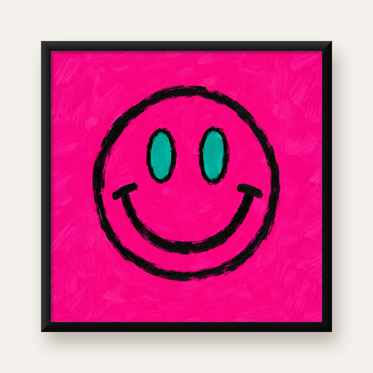 Pembe Zeminli Gülümseme Suratı Pop-Art Poster — Kare baskı, düz siyah çerçeveli duvar posteri