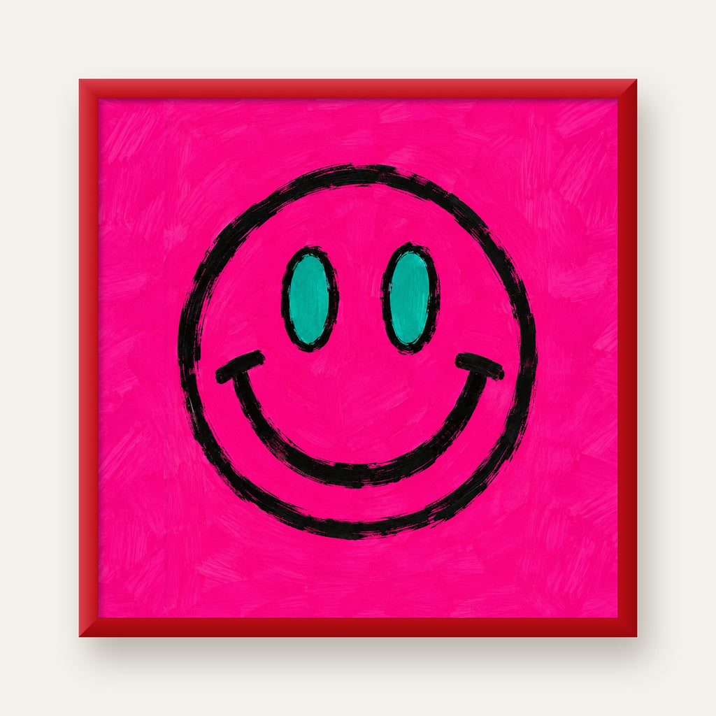 Pembe Zeminli Modern Gülümseyen Yüz Poster — kırmızı çerçeveli