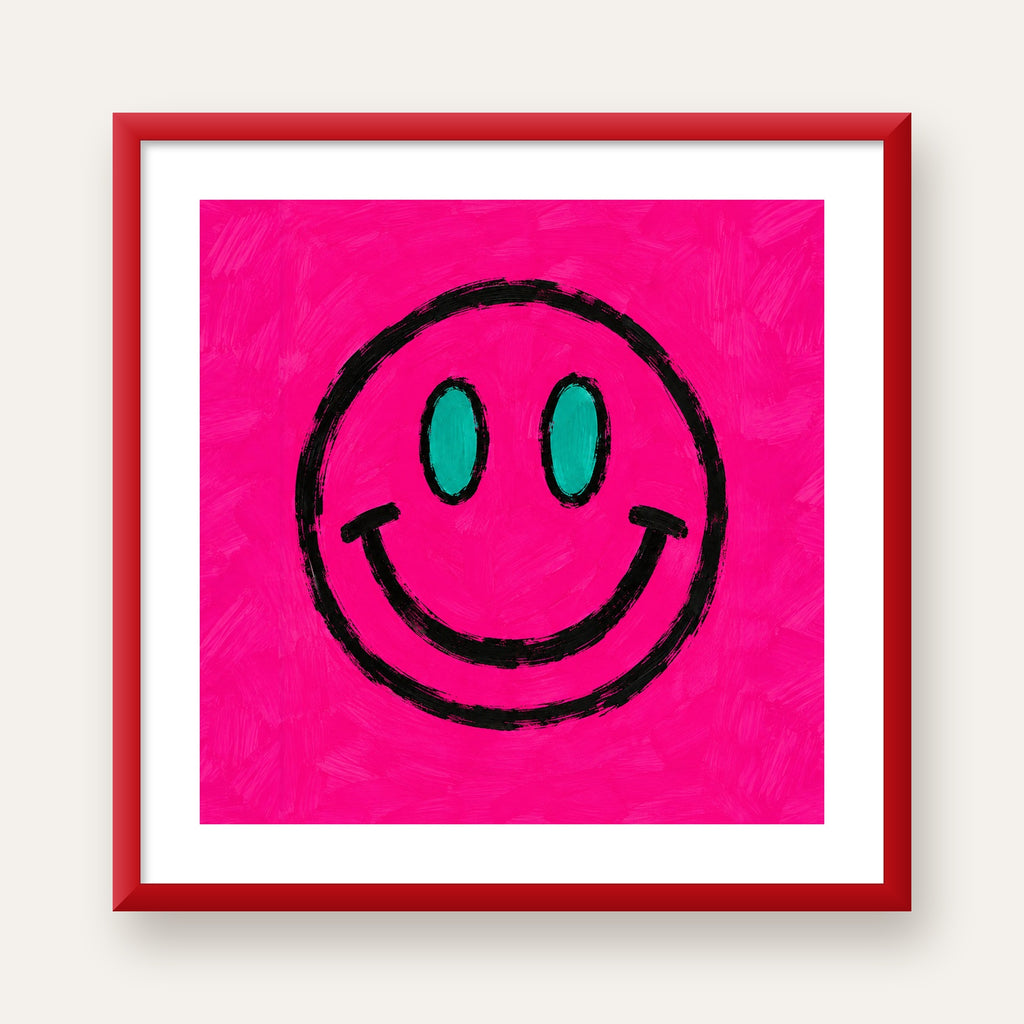 Pembe Zeminli Modern Gülümseyen Yüz Poster — kırmızı çerçeveli paspartulu