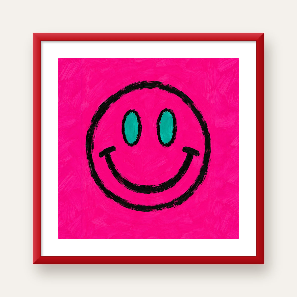Pembe Zeminli Modern Gülümseyen Yüz Poster — kırmızı çerçeveli paspartulu