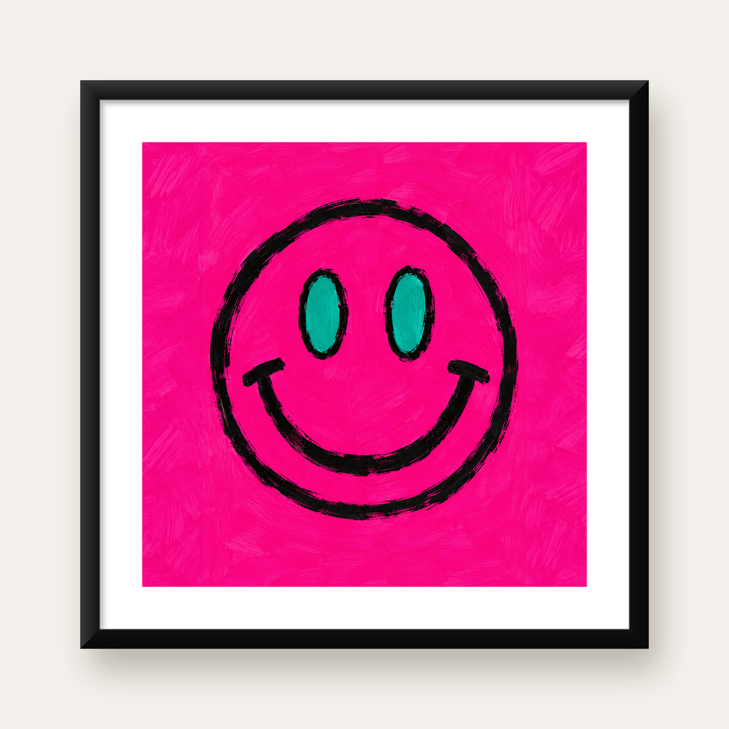 Pembe Zeminli Gülümseme Suratı Pop-Art Poster — Kare baskı, beyaz kenar boşluklu