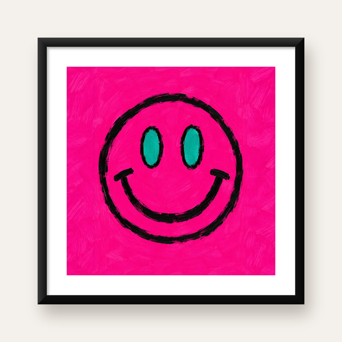 Pembe Zeminli Gülümseme Suratı Pop-Art Poster — Kare baskı, beyaz kenar boşluklu