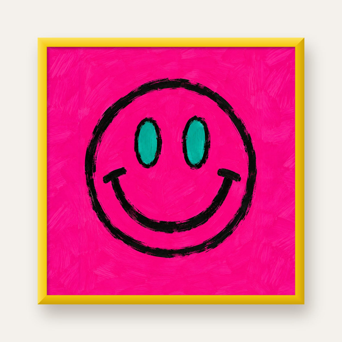 Pembe Zeminli Modern Gülümseyen Yüz Poster — sarı çerçeveli