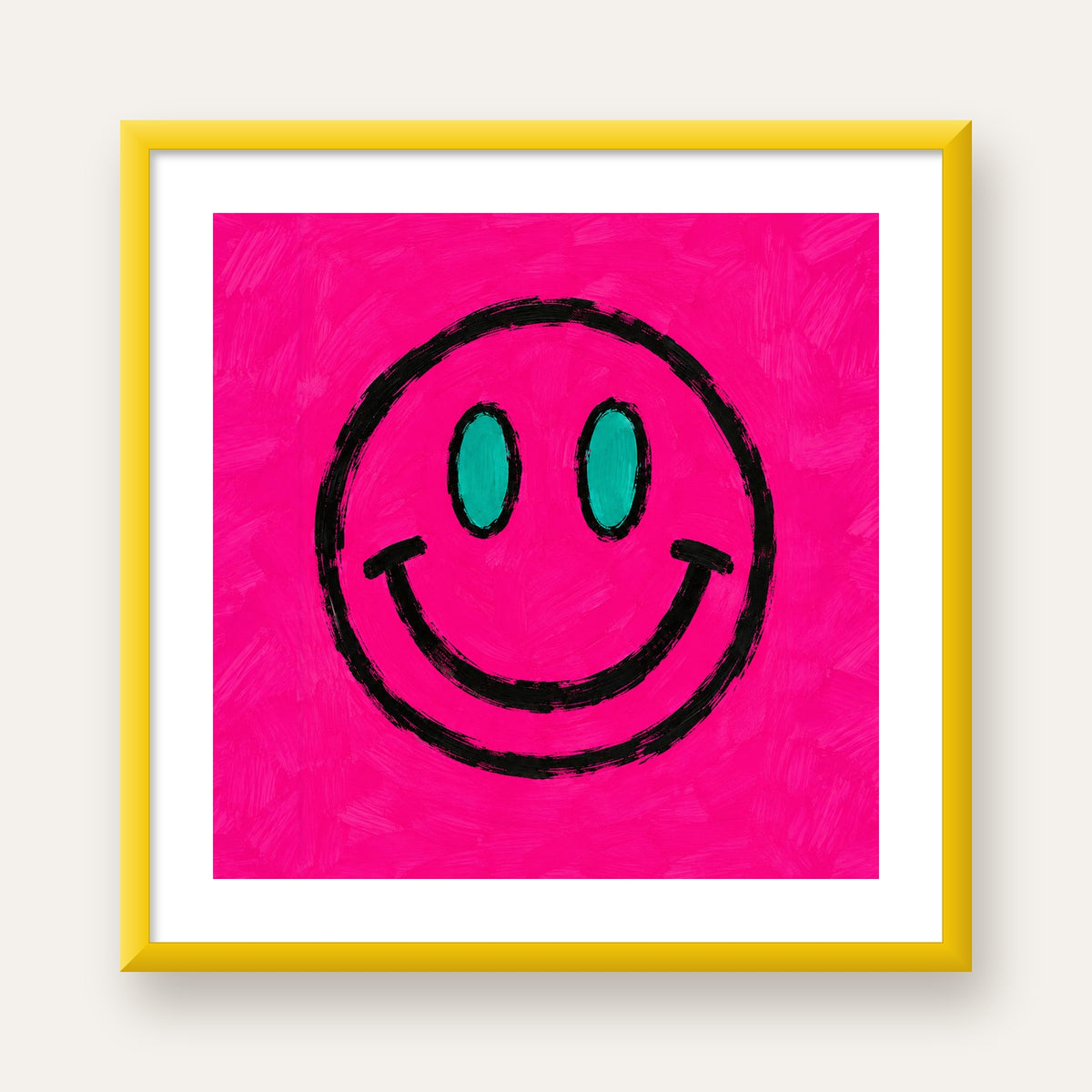 Pembe Zeminli Modern Gülümseyen Yüz Poster — sarı çerçeveli paspartulu