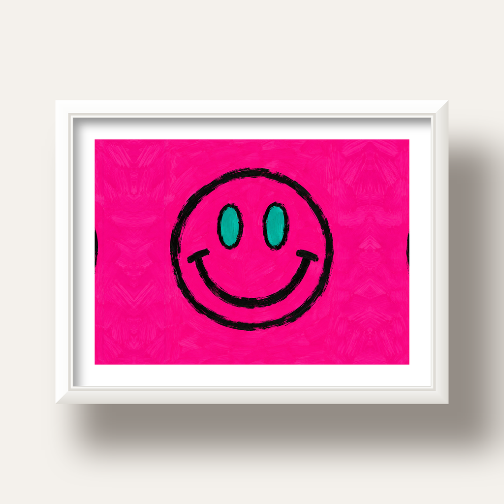Pembe Zeminli Modern Gülümseyen Yüz Poster — beyaz derin çerçeveli paspartulu