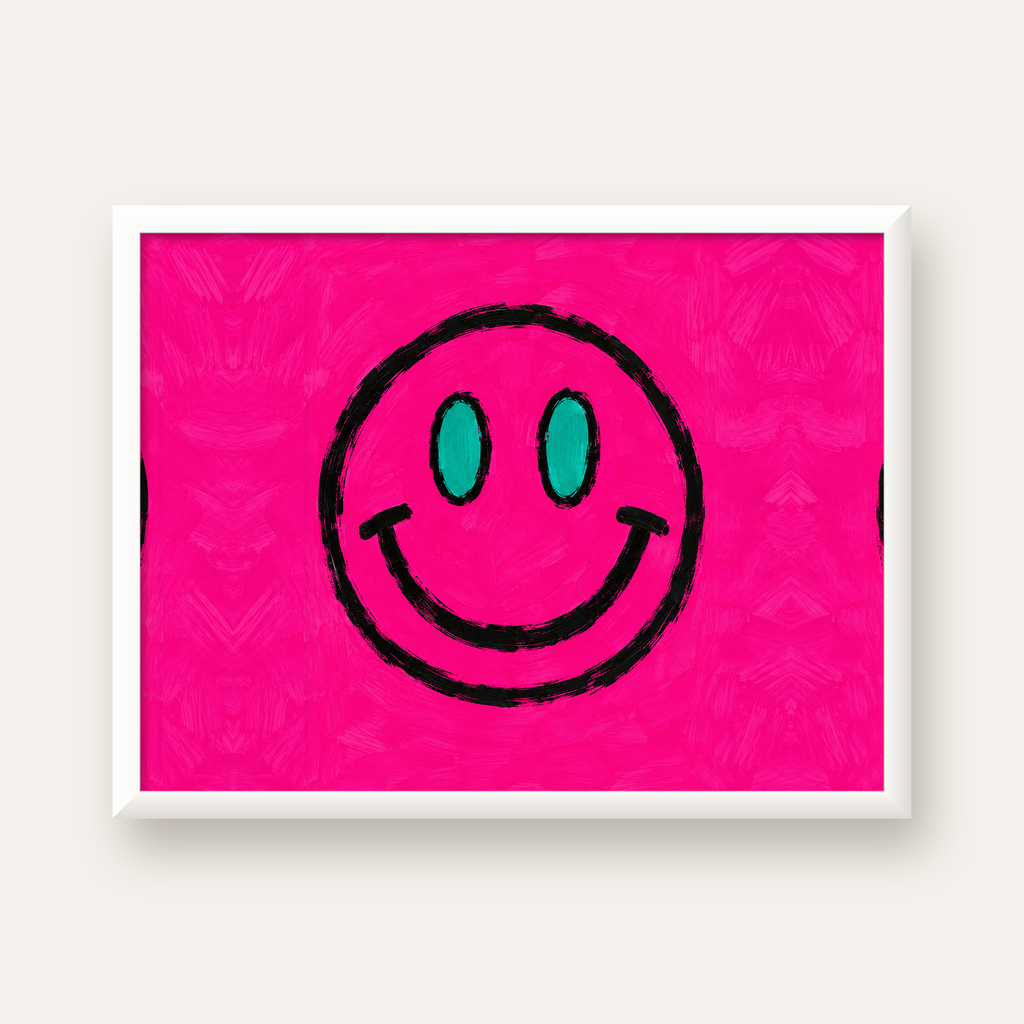 Pembe Zeminli Modern Gülümseyen Yüz Poster — beyaz çerçeveli yatay poster