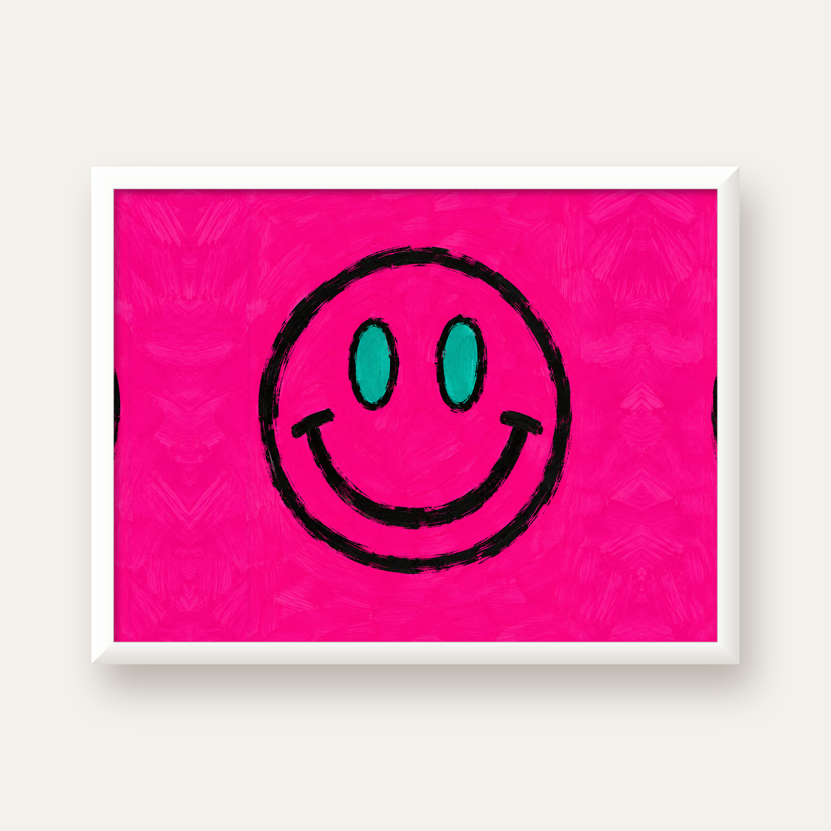 Pembe Zeminli Modern Gülümseyen Yüz Poster — beyaz çerçeveli yatay poster