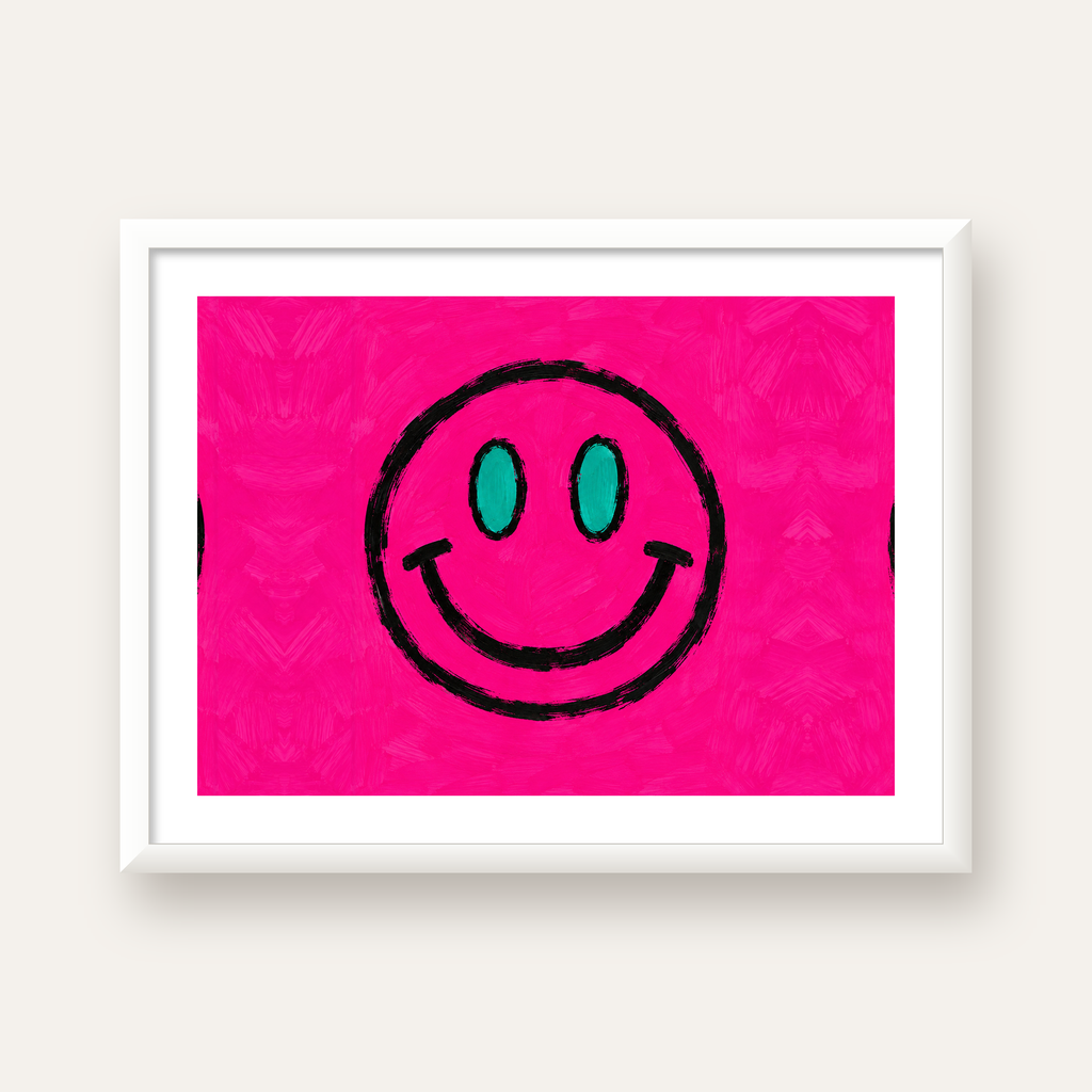 Pembe Zeminli Modern Gülümseyen Yüz Poster — beyaz çerçeveli yatay poster