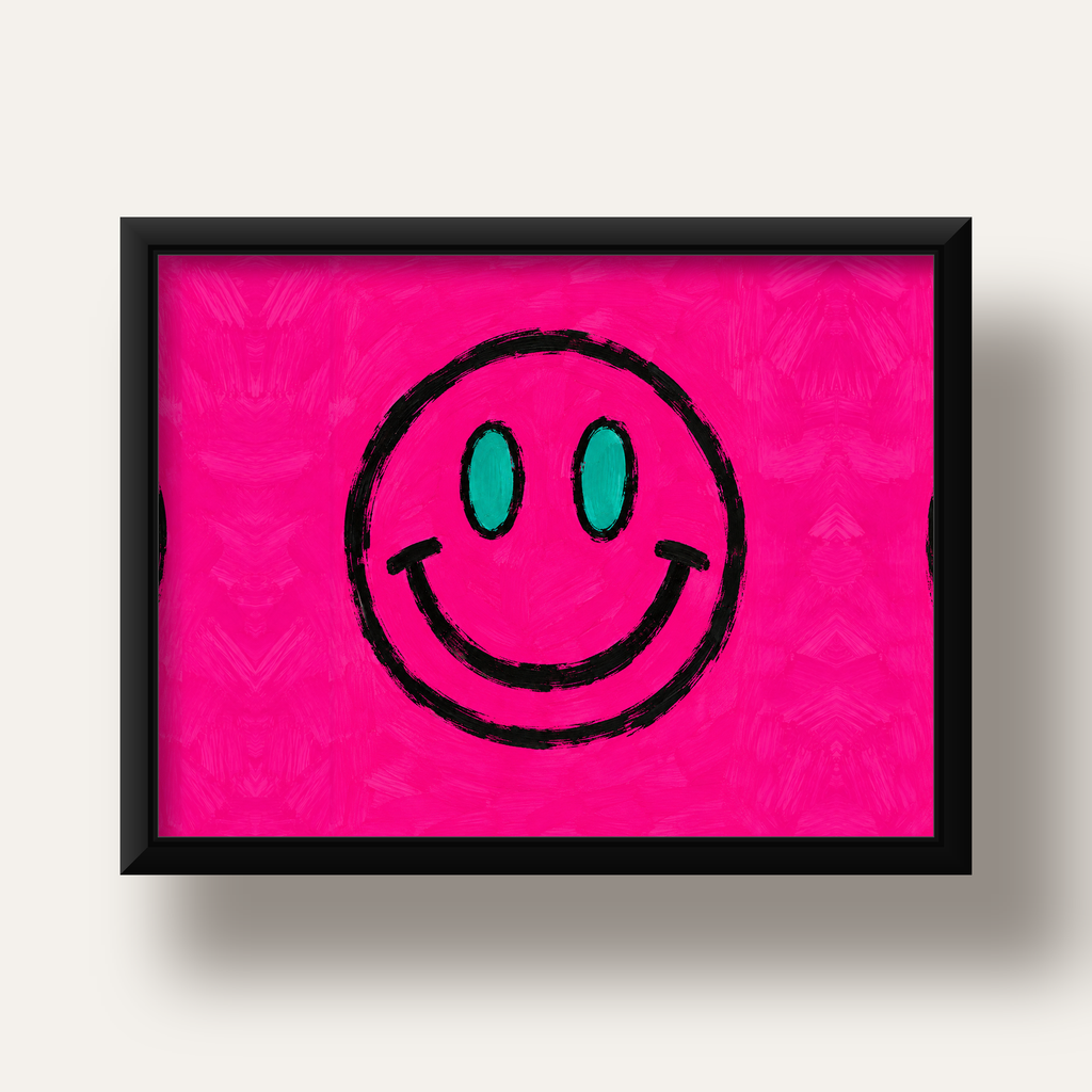 Pembe Zeminli Modern Gülümseyen Yüz Poster — siyah derin çerçeveli