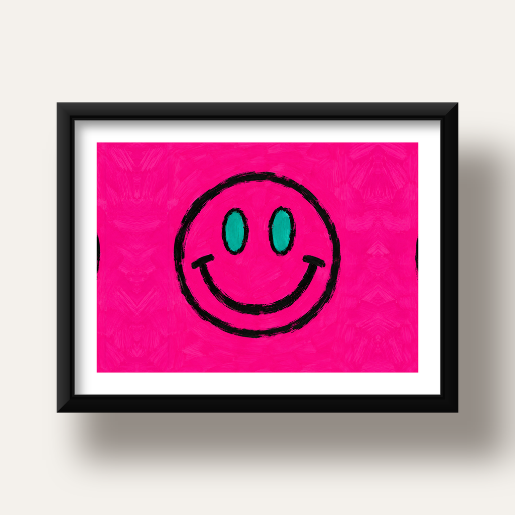 Pembe Zeminli Modern Gülümseyen Yüz Poster — siyah derin çerçeveli paspartulu