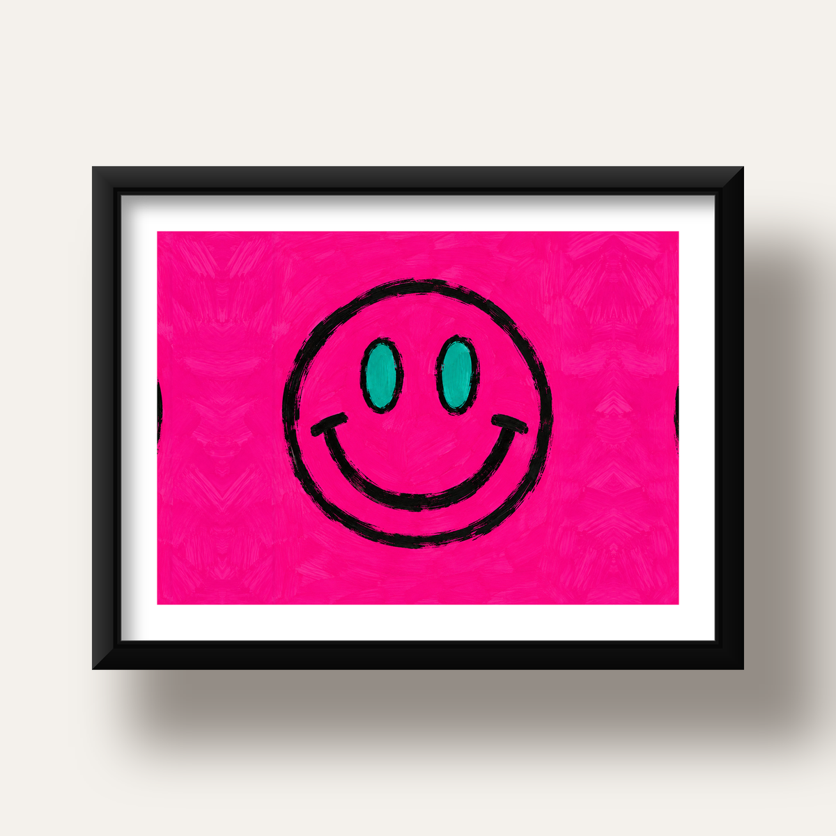 Pembe Zeminli Modern Gülümseyen Yüz Poster — siyah derin çerçeveli paspartulu