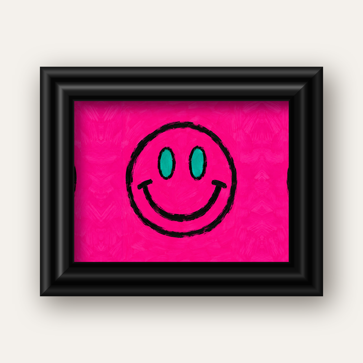 Pembe Zeminli Modern Gülümseyen Yüz Poster — siyah galeri çerçeveli