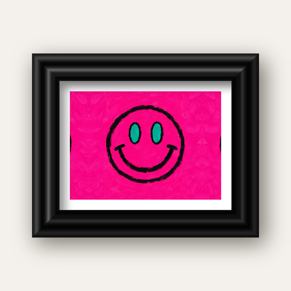 Pembe Zeminli Modern Gülümseyen Yüz Poster — siyah galeri çerçeveli paspartulu