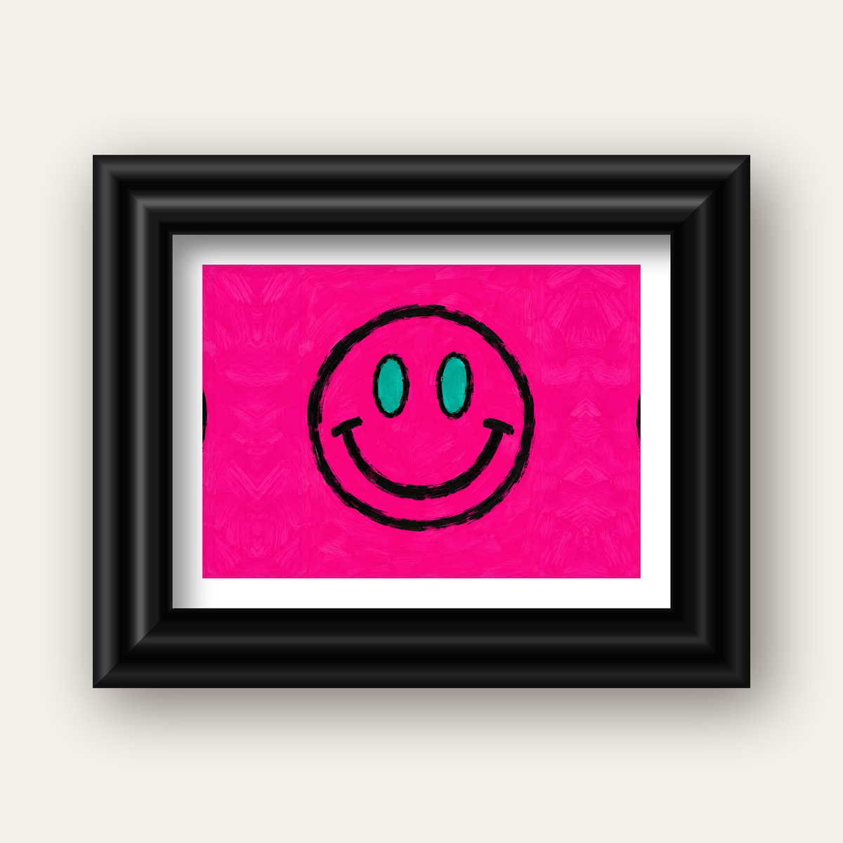 Pembe Zeminli Modern Gülümseyen Yüz Poster — siyah galeri çerçeveli paspartulu