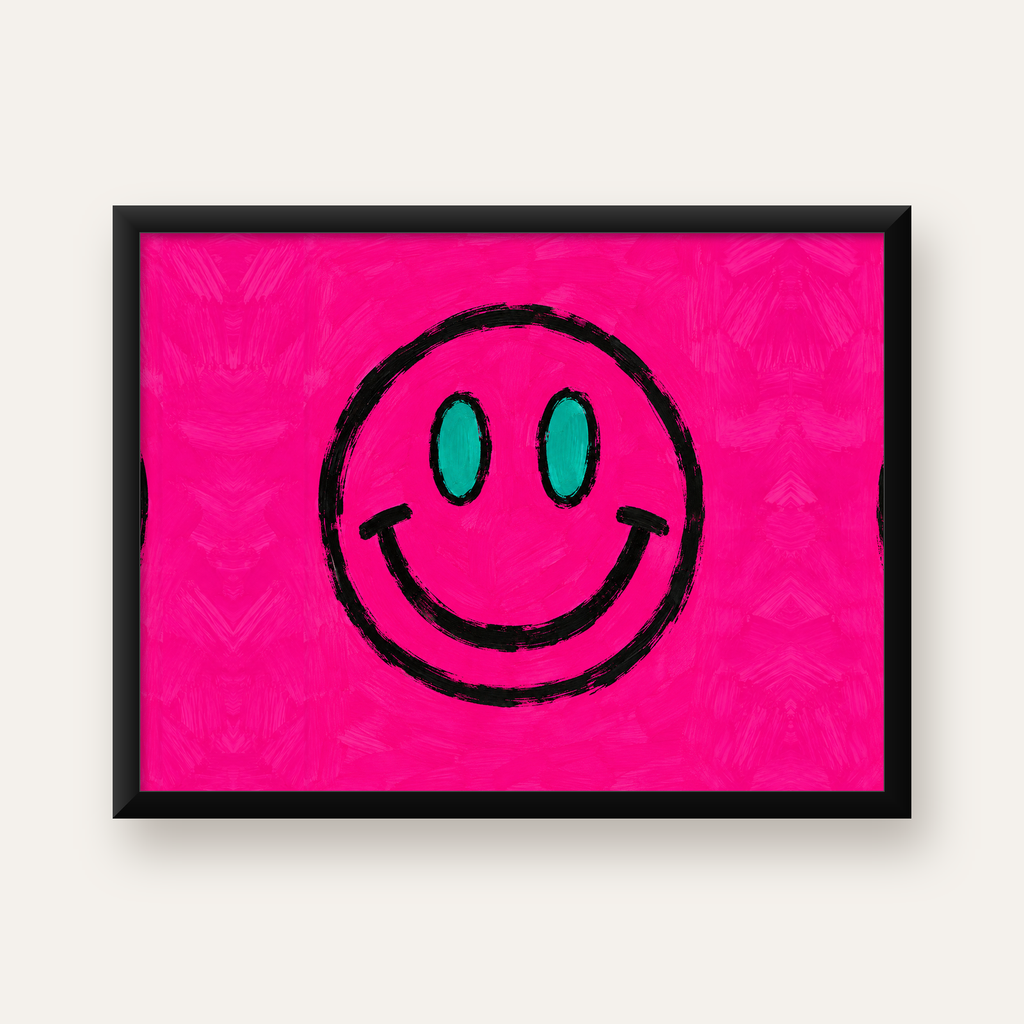 Pembe Zeminli Gülümseme Suratı Pop-Art Poster — Yatay baskı, düz siyah çerçeveli duvar posteri