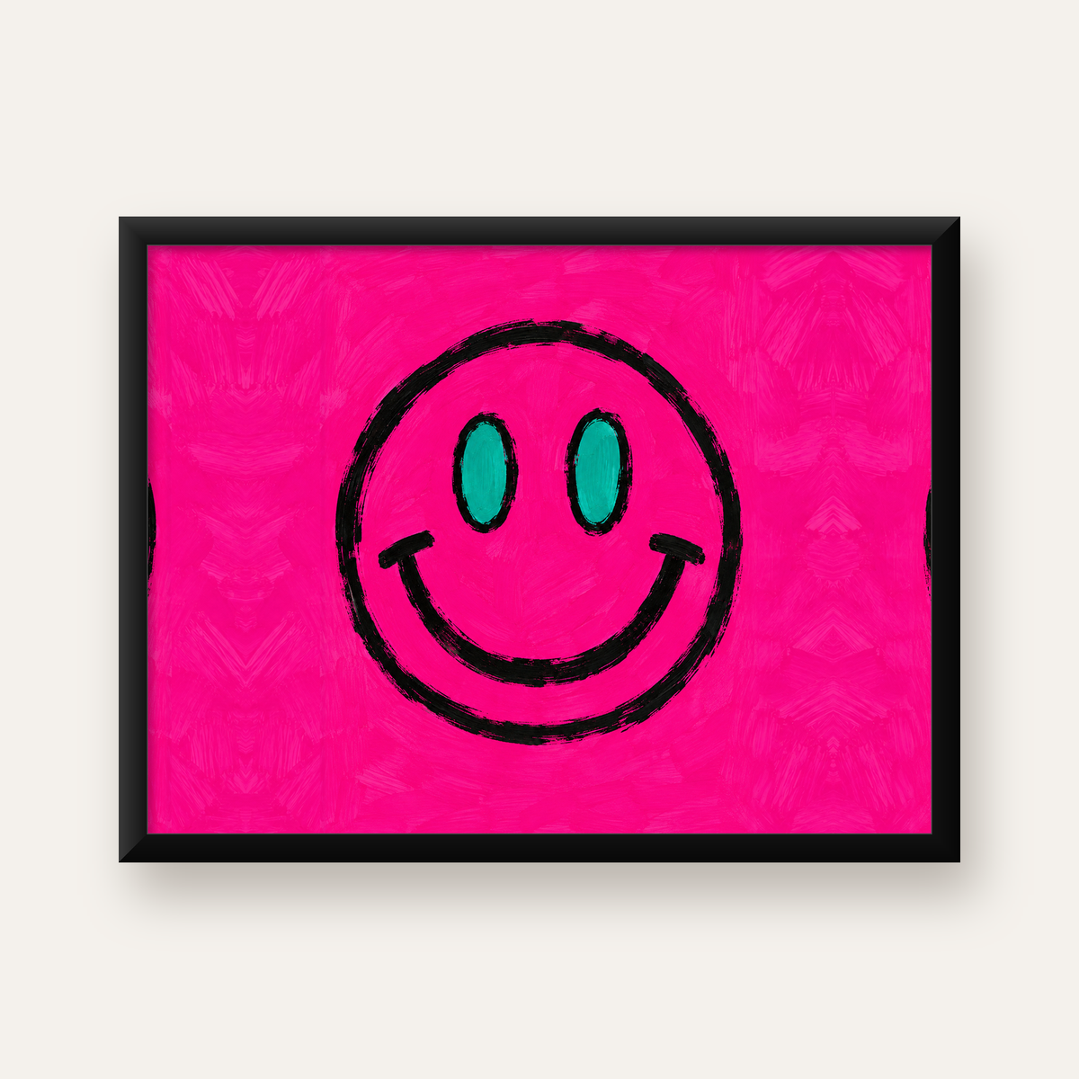 Pembe Zeminli Gülümseme Suratı Pop-Art Poster — Yatay baskı, düz siyah çerçeveli duvar posteri