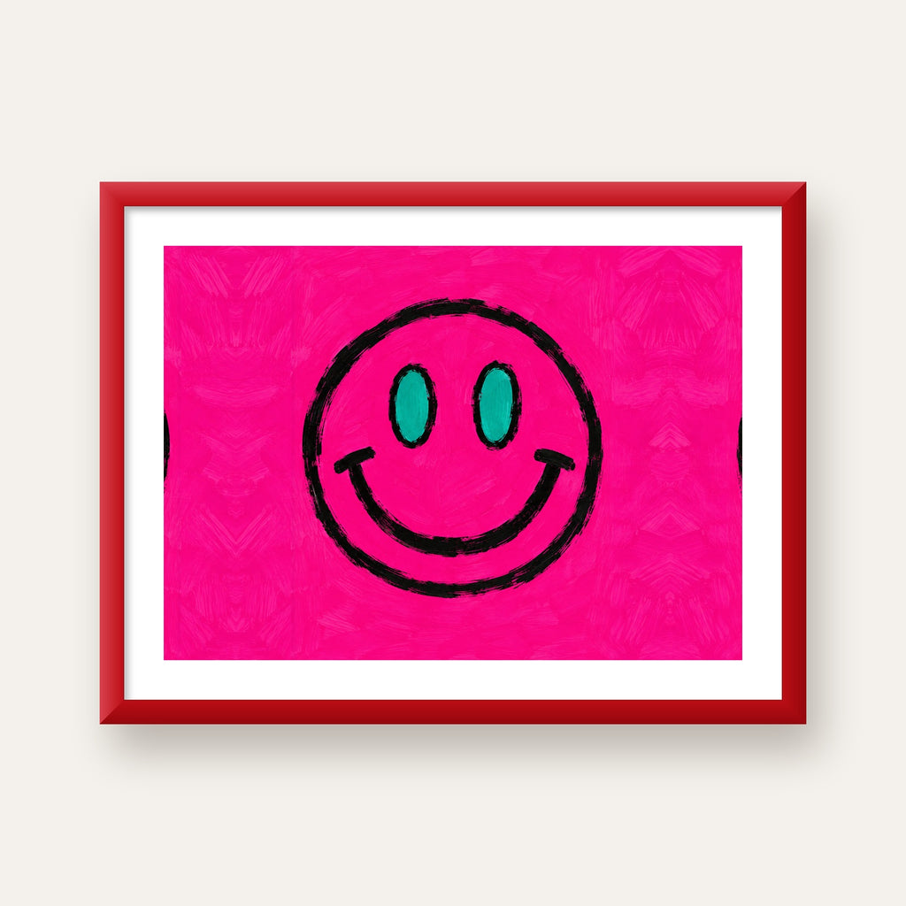Pembe Zeminli Modern Gülümseyen Yüz Poster — kırmızı çerçeveli paspartulu