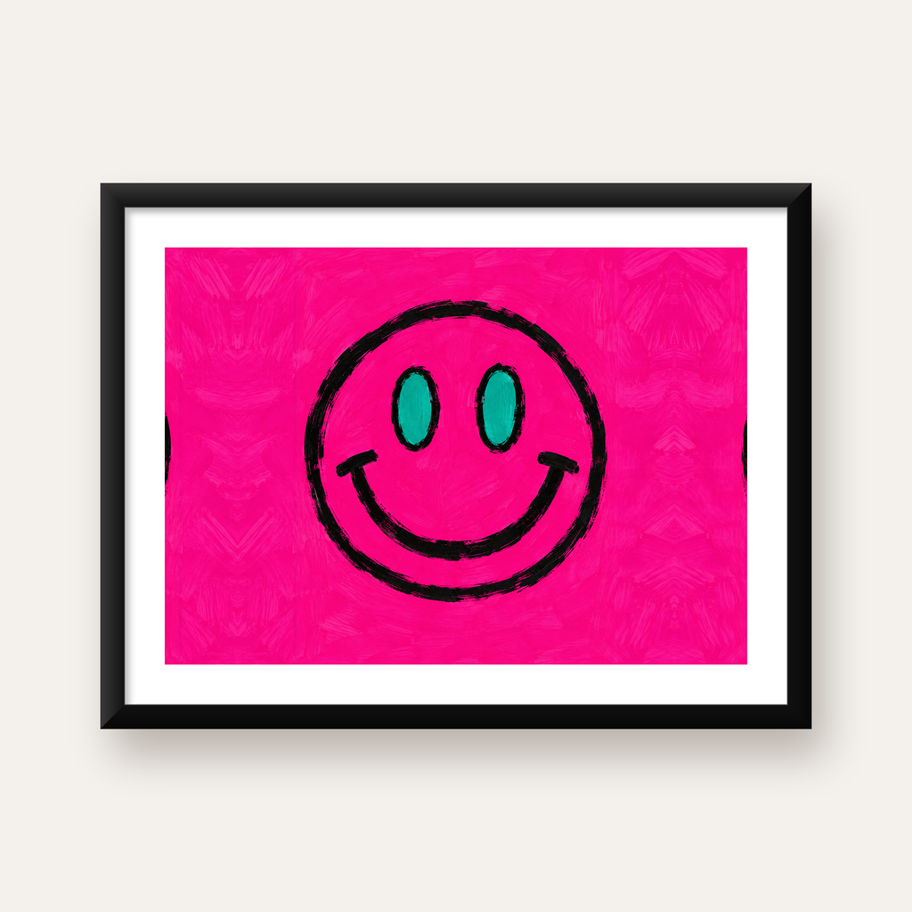 Pembe Zeminli Gülümseme Suratı Pop-Art Poster — Yatay baskı, beyaz kenar boşluklu