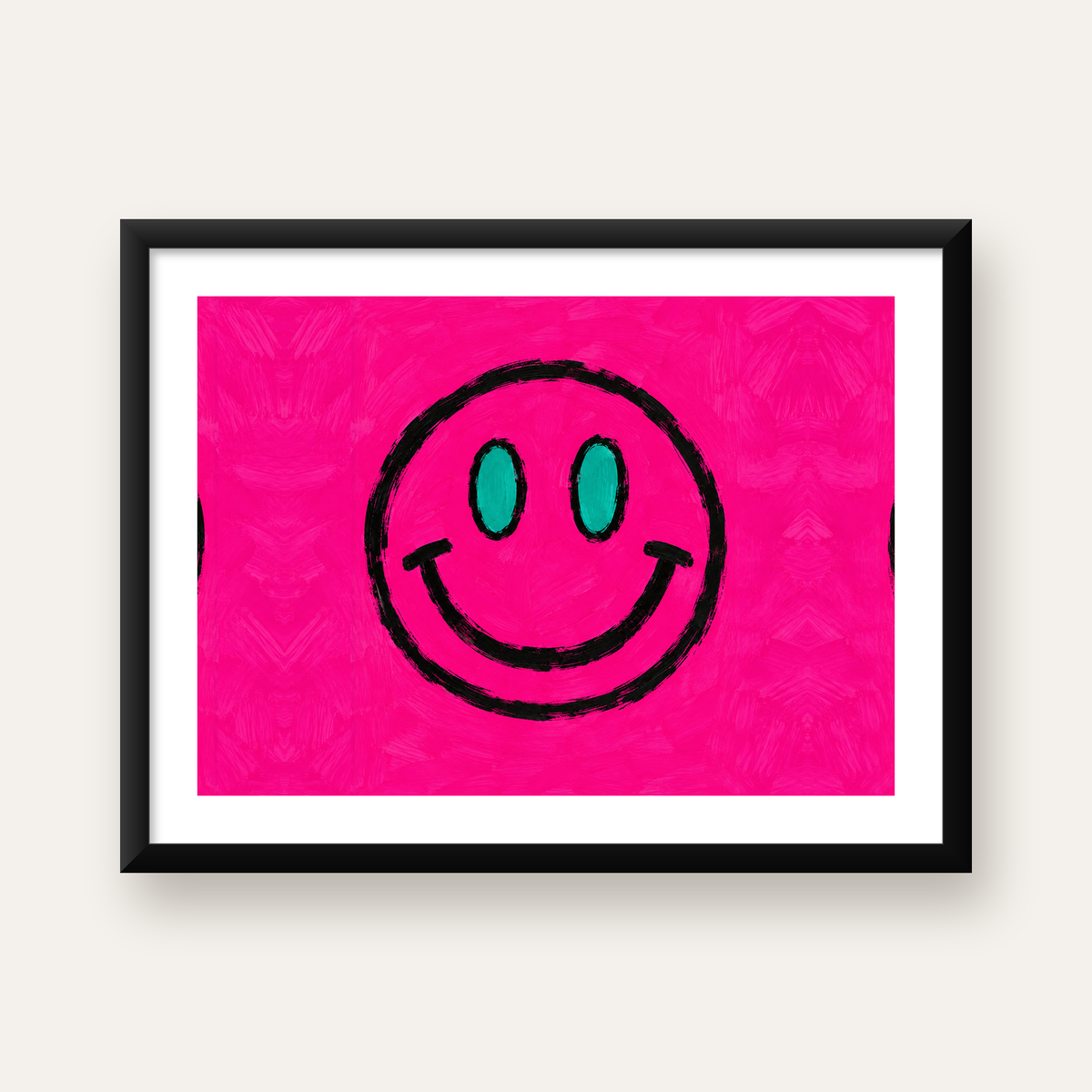 Pembe Zeminli Gülümseme Suratı Pop-Art Poster — Yatay baskı, beyaz kenar boşluklu