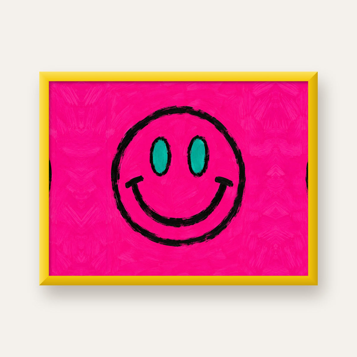 Pembe Zeminli Modern Gülümseyen Yüz Poster — sarı çerçeveli