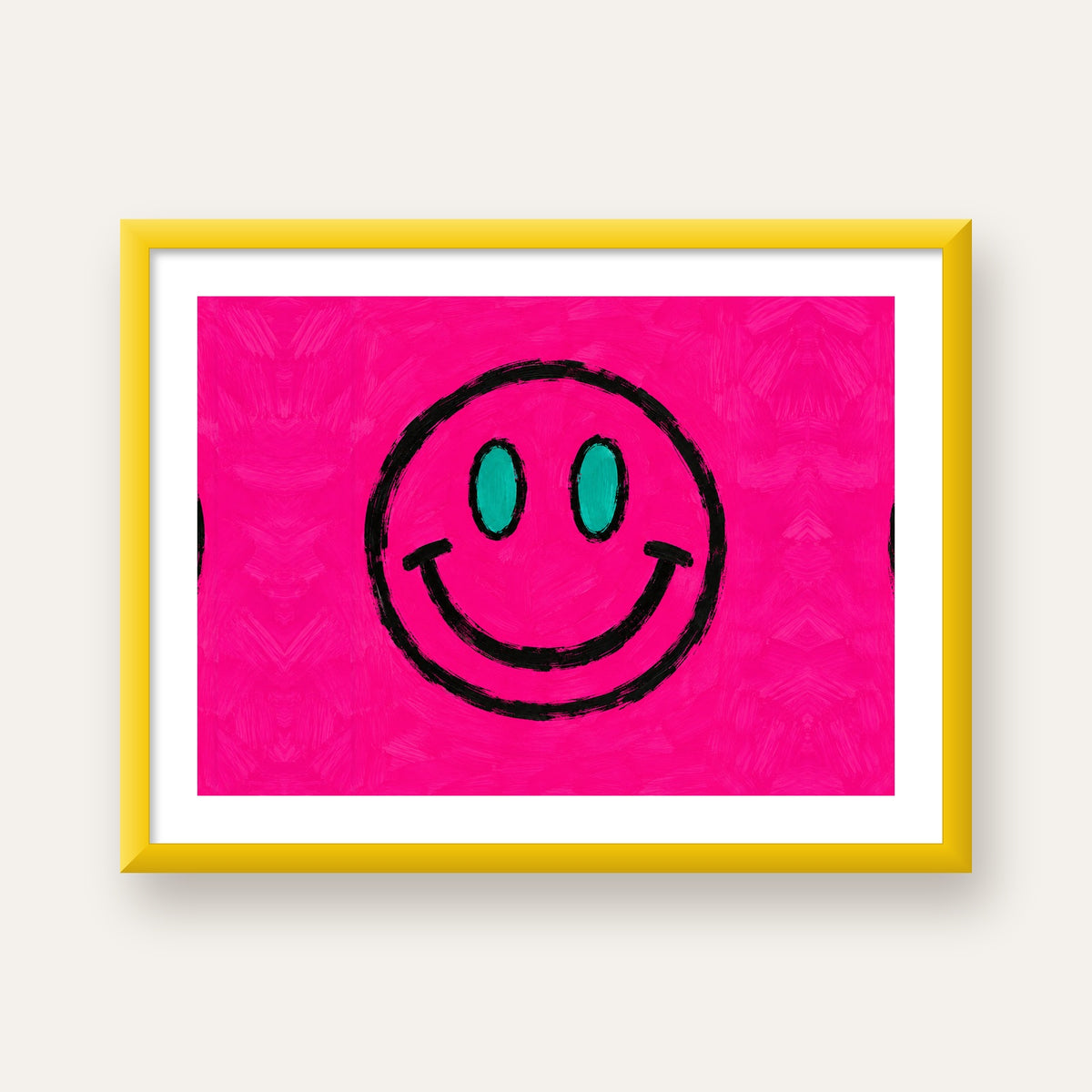 Pembe Zeminli Modern Gülümseyen Yüz Poster — sarı çerçeveli paspartulu