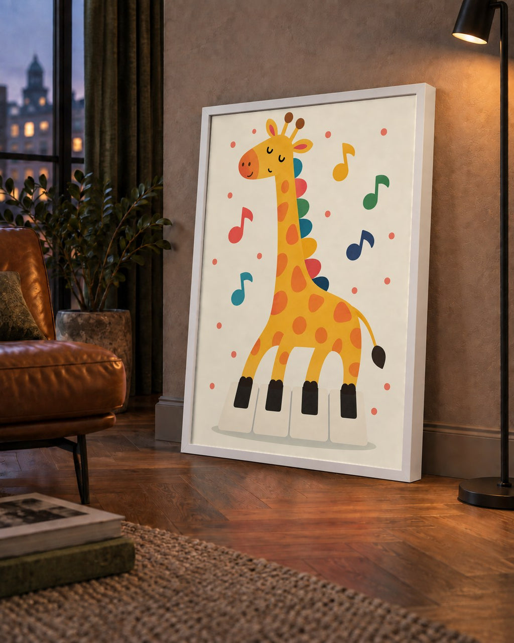 Müzikal Zürafa Çocuk Odası Poster Sanat Baskısı — çerçeveli hâliyle bir ev duvarında