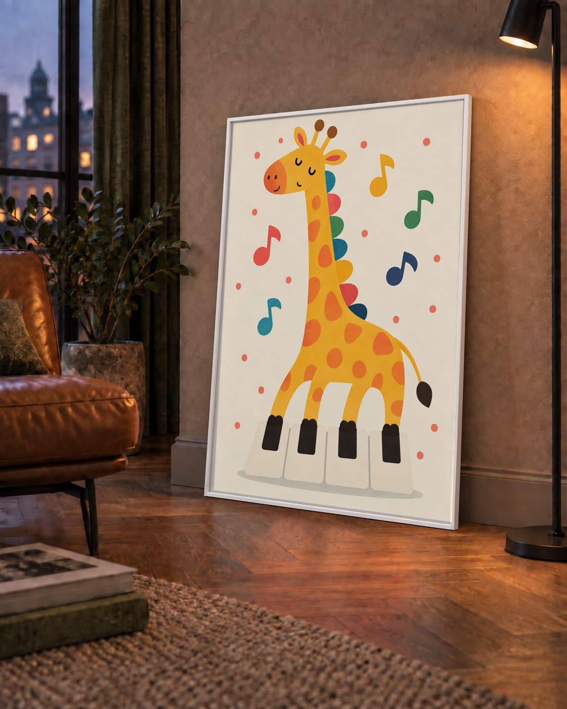 Müzikal Zürafa Çocuk Odası Poster Sanat Baskısı — çerçeveli hâliyle bir ev duvarında
