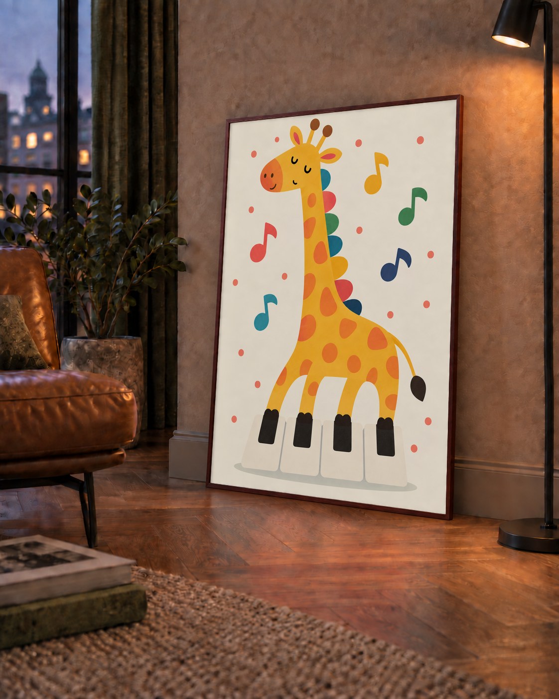 Müzikal Zürafa Çocuk Odası Poster Sanat Baskısı — çerçeveli hâliyle bir ev duvarında