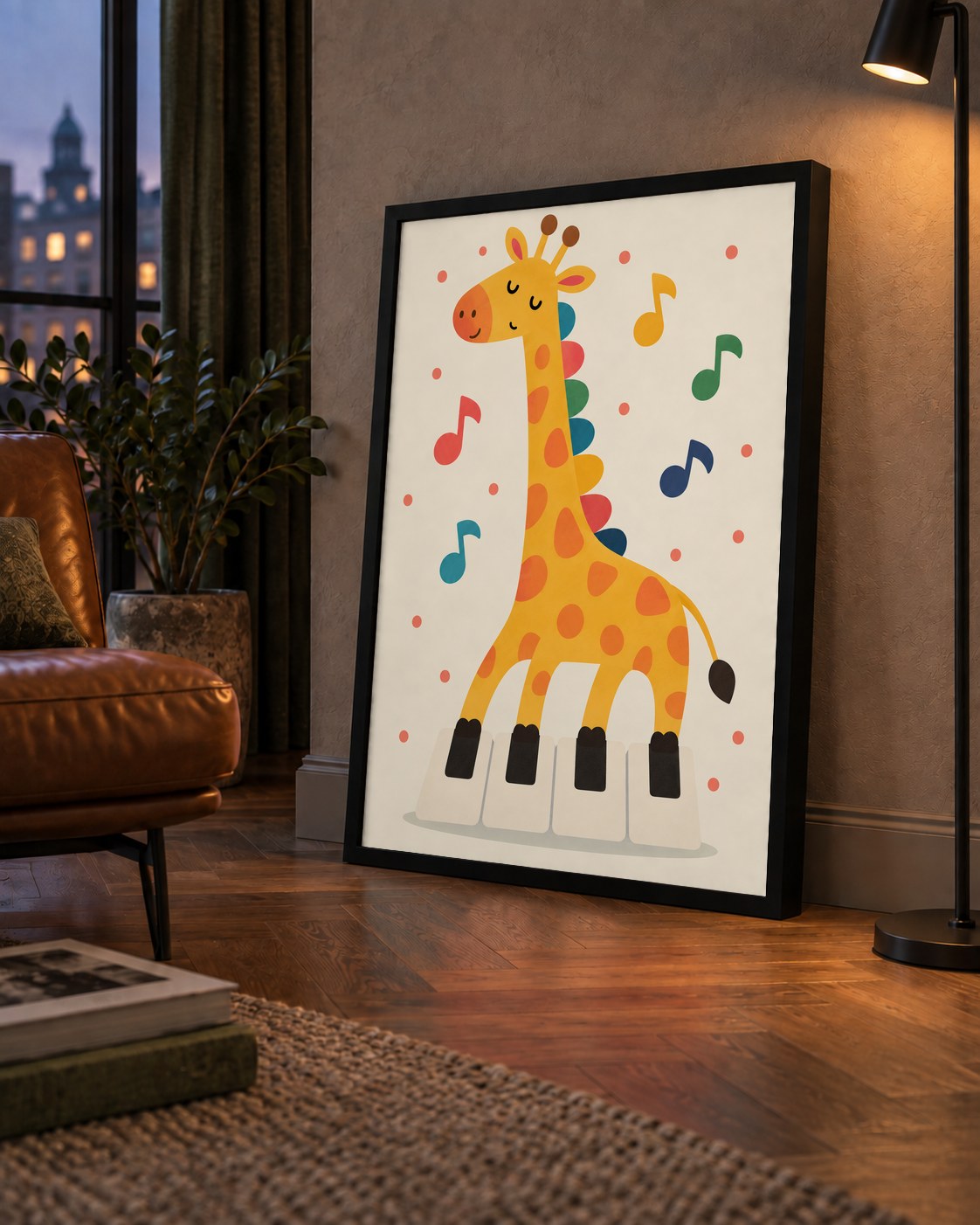 Müzikal Zürafa Çocuk Odası Poster Sanat Baskısı — çerçeveli hâliyle bir ev duvarında